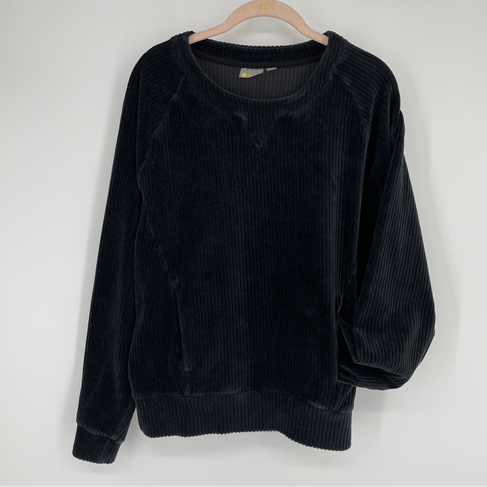 Zella Womens All Day Black Ribbed Sweatshirt Pockets Oversized